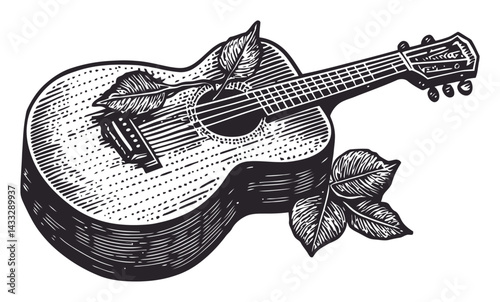 Vintage Woodcut Illustration of Acoustic Guitar with Leaves