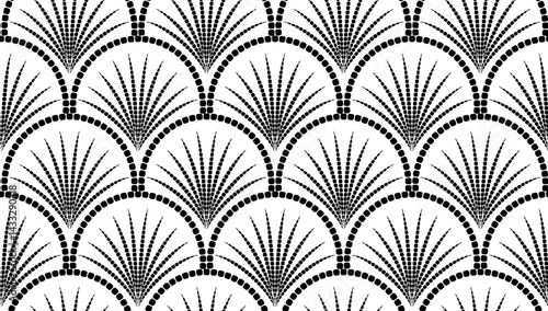 Seamless repeating pattern of stylized fan shapes on black  background resembling a mosaic in art deco design.