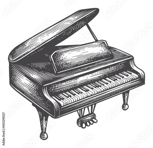Vintage Engraving of a Classic Grand Piano in Detailed Illustration