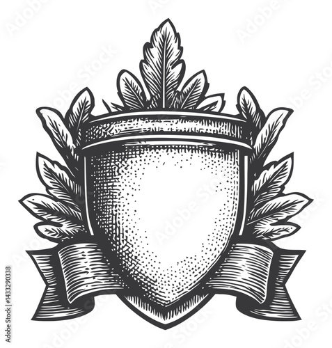 Vintage Engraving of Shield Surrounded by Decorative Leaves