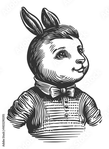 Vintage Rabbit Child Illustration in Woodcut Style for Decorations