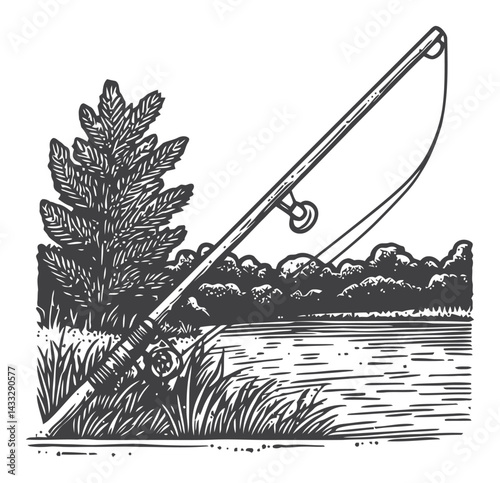 Vintage Fishing Rod Engraving by Tranquil Lakeside in Nature