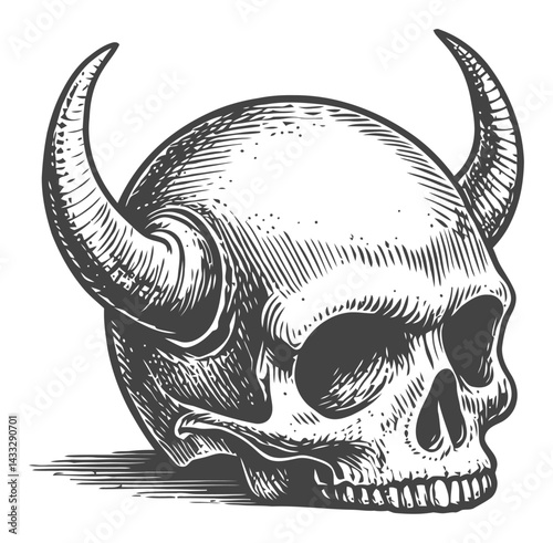 Detailed Engraving of a Horned Skull in Classic Illustration Style