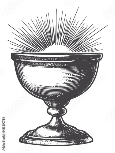 Vintage Engraved Chalice with Radiant Lines and Shaded Details