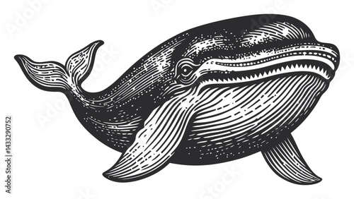 Detailed Engraving Illustration of a Majestic Whale in Vintage Style