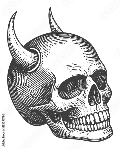 Detailed Engraving of a Skull with Horns in Vintage Style