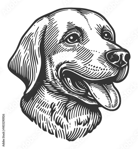 Detailed Engraving Illustration of a Happy Dog Head in Classic Style