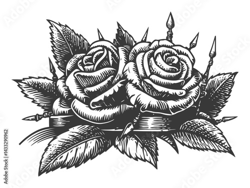 Vintage Engraving of Two Roses with Thorns and Decorative Leaves