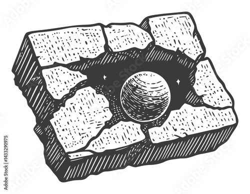 Hand-Drawn Illustration of Cracked Stone with Sphere in Center