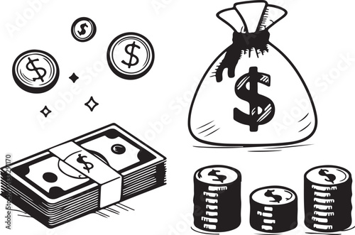 Money and finance doodle line icons set. Set of outline Dollar Banknotes, coins, money bag in sketch style icon symbol icons collection