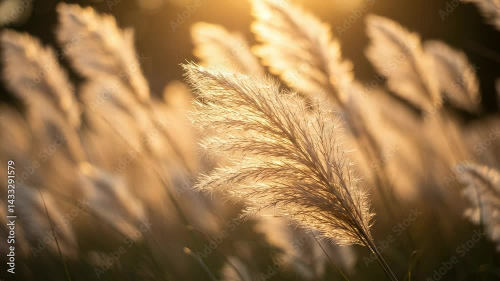 Close-up of pampas grass plumes illuminated by warm sunlight in a field, creating a dreamy, golden atmosphere