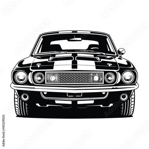 Muscle Car Front Vector - 60s Style Black & White Art