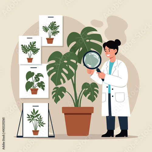 Female botanist examining monstera plant with magnifying glass in laboratory vector illustration 