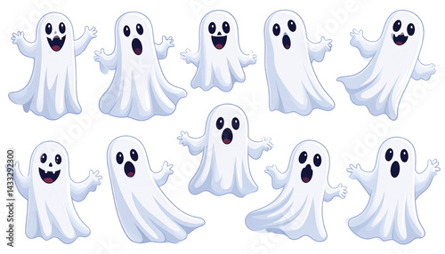 Collection of funny cartoon ghost stickers, isolated on transparent background, playful Halloween theme