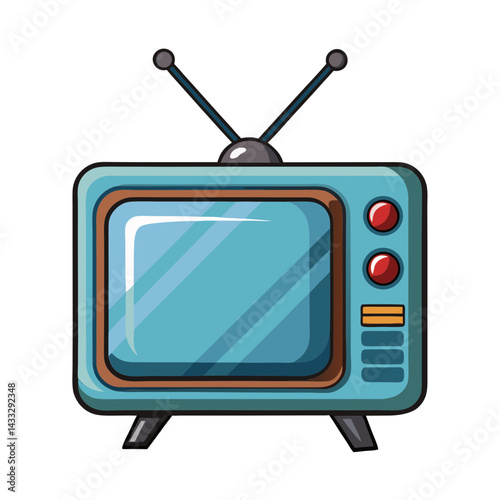 Cartoon Illustration of a Retro Television Set with Antennae, Screen, Knobs, and Speaker Grille

