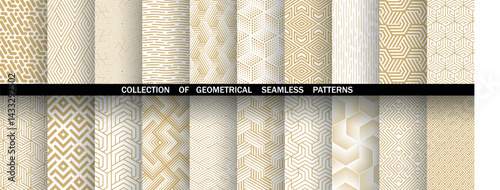 Geometric set of seamless golden and white patterns. Simple vector graphics