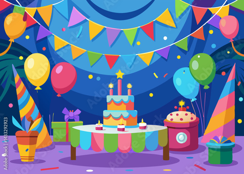 Birthday Party Celebration with Cake and Balloons