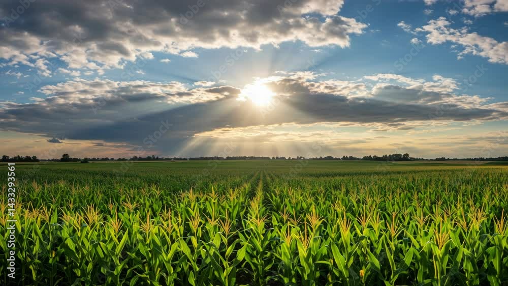 Sun rays burst through clouds over a vibrant green cornfield at sunset, illuminating the agricultural landscape Sun rays burst through clouds over a vibrant green cornfield at sunset, illuminating the agricultural landscape