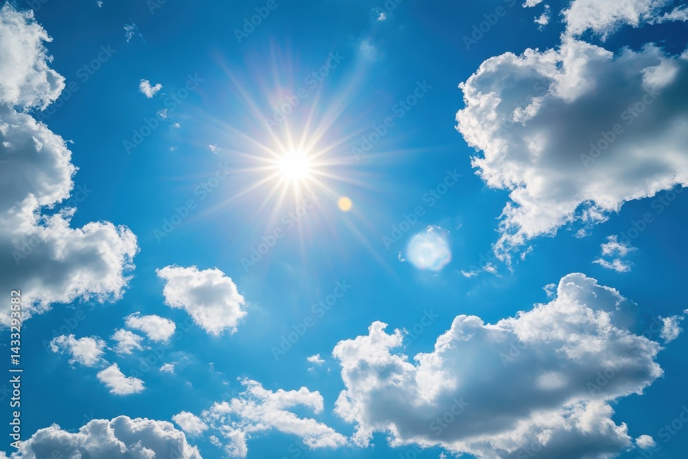 Clear blue skies adorned with bright sunlight and fluffy white clouds ideal for springtime nature scenes and calming outdoor imagery Clear blue skies adorned with bright sunlight and fluffy white clouds ideal for springtime nature scenes and calming outdoor imagery