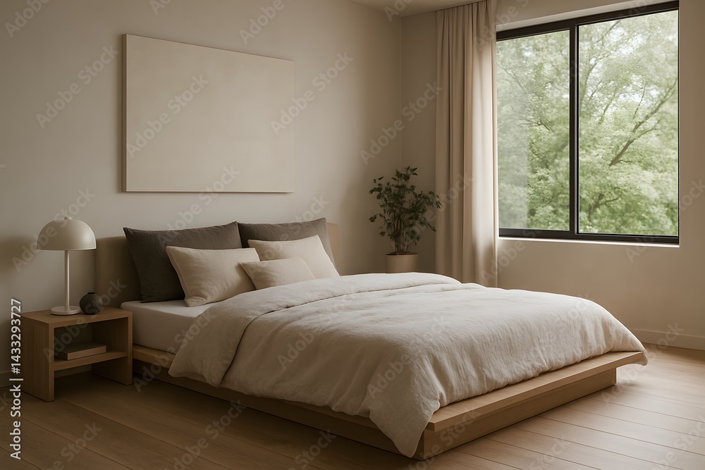 Contemporary bedroom with low profile bed design, bright neutral bedding, oversized windows letting in natural light and modern minimal interior decor for peaceful retreats. Home Decor. Contemporary bedroom with low profile bed design, bright neutral bedding, oversized windows letting in natural light and modern minimal interior decor for peaceful retreats. Home Decor.