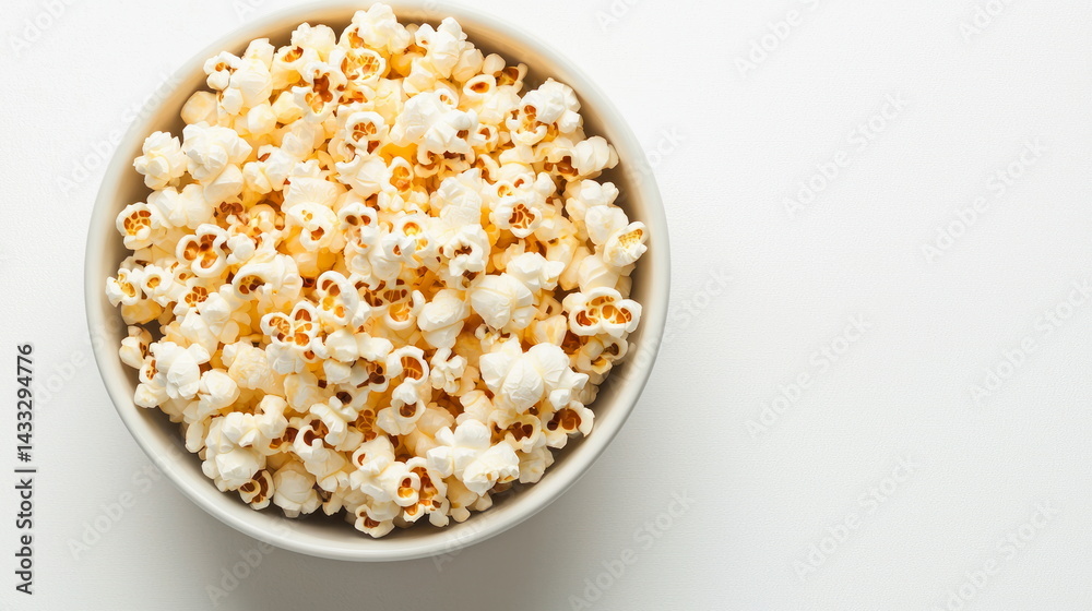 An overhead shot of a bowl filled with fresh, fluffy popcorn on a clean white background studio setting. An overhead shot of a bowl filled with fresh, fluffy popcorn on a clean white background studio setting.