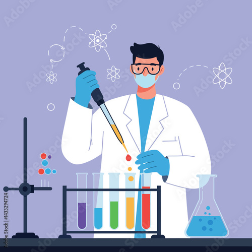 Male Scientist Conducting Chemical Experiment with Test Tubes in Laboratory Vector Illustration