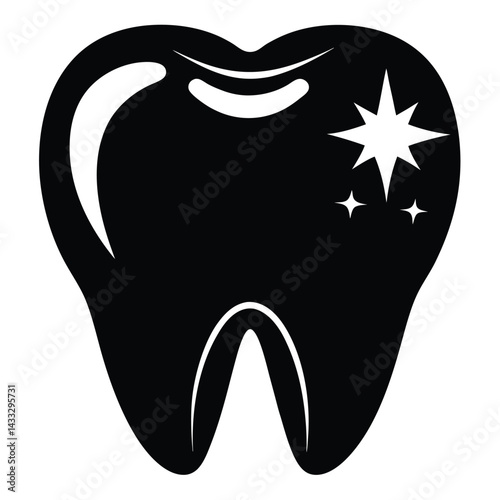 Shiny Black Tooth Silhouette with Sparkling Highlight Detail on Isolated White