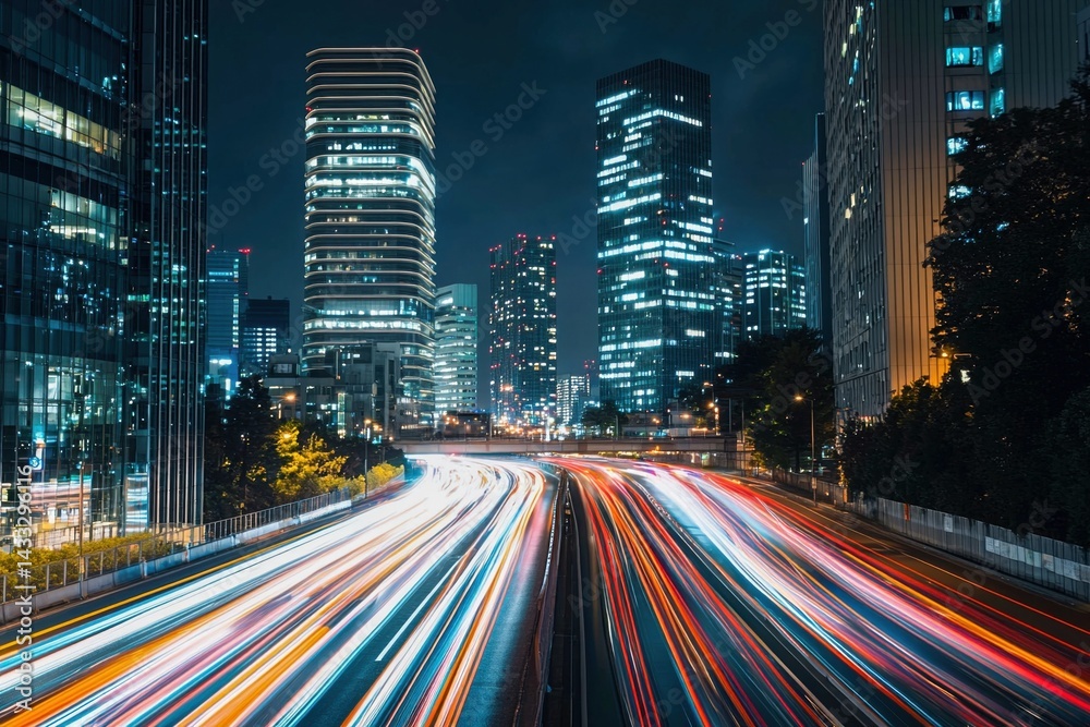 Illuminated skyline with highway motion blur Illuminated skyline with highway motion blur