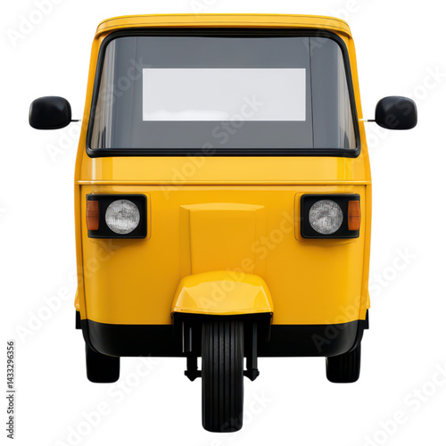 Front View of a Yellow Auto Rickshaw in Urban Environment, isolated on transparent background.