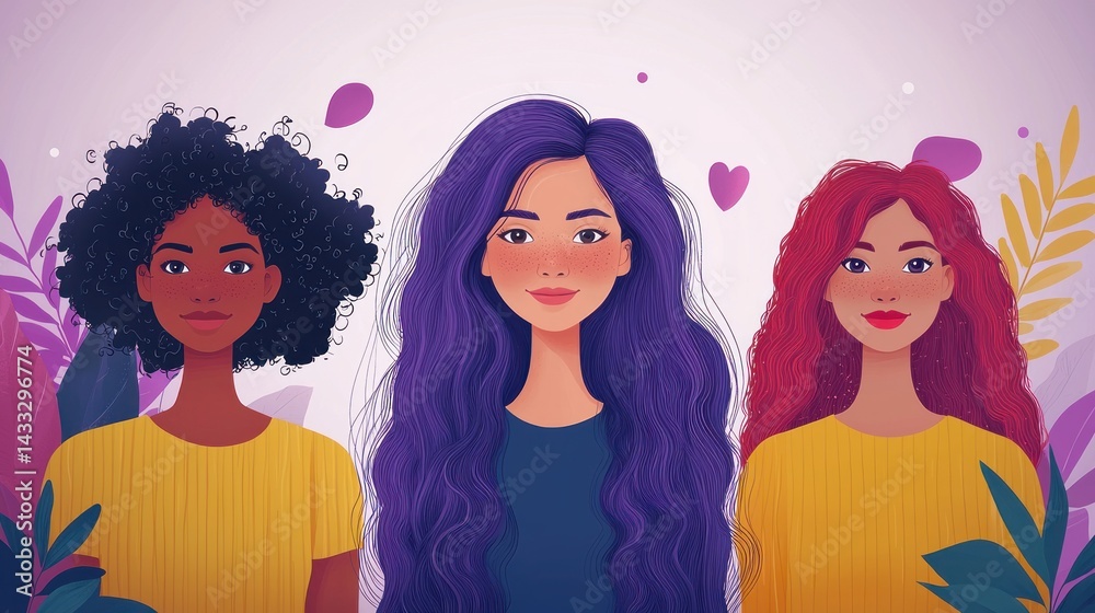 Three diverse women stand together in front of a purple and yellow floral background in a digital painting. Three diverse women stand together in front of a purple and yellow floral background in a digital painting.