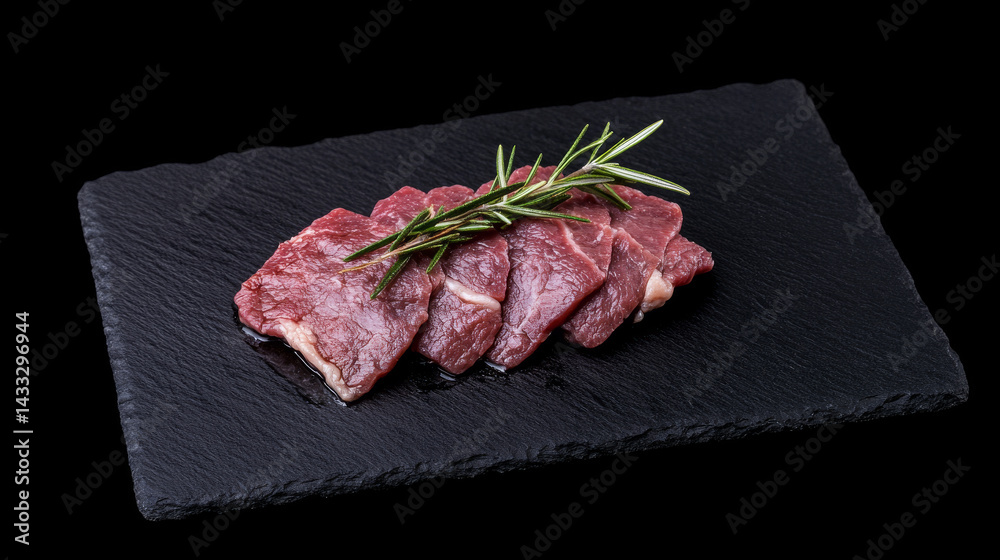 Thin slices of fresh beef are artistically arranged on a sleek black slate. A sprig of rosemary adds a touch of elegance, perfect for gourmet meals and culinary artistry