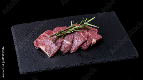 Obraz na płótnie Thin slices of fresh beef are artistically arranged on a sleek black slate. A sprig of rosemary adds a touch of elegance, perfect for gourmet meals and culinary artistry w salonie