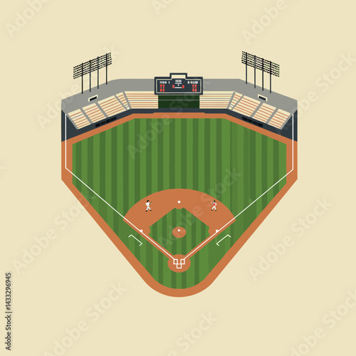 Baseball stadium illustration with scoreboard and players in green field vector design 
