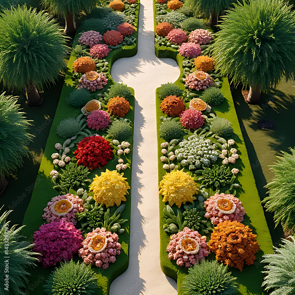 Fototapeta premium Artistic display of flowers in a public exhibition field with top-down view, clean background areas with blooming diversity