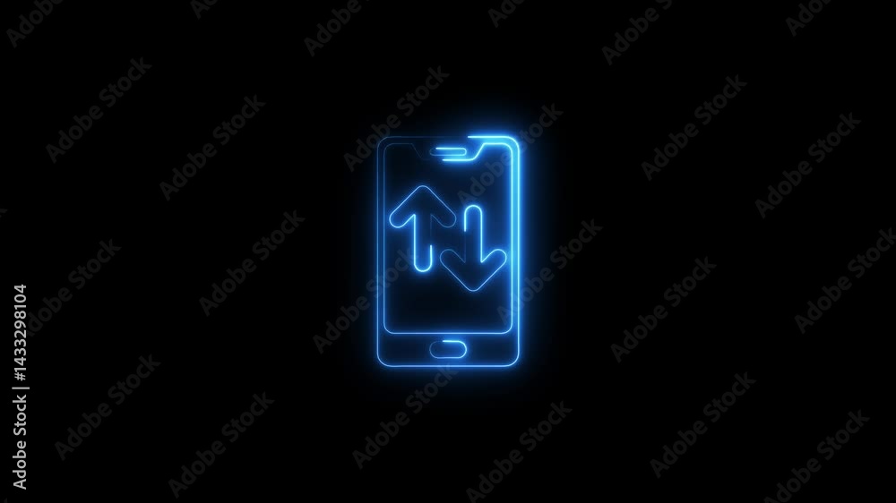 Neon smartphone data transfer connection glowing blue on black background Neon smartphone data transfer connection glowing blue on black background