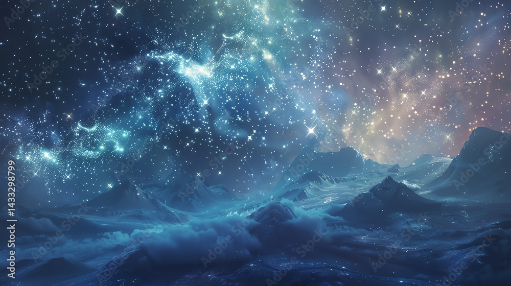 Fototapeta premium The image is a beautiful landscape of a mountain range under a starry night sky. The mountains are covered in snow. and the sky is full of stars.