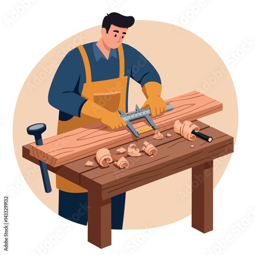 Carpenter working with wood plane on wooden table in workshop vector illustration 