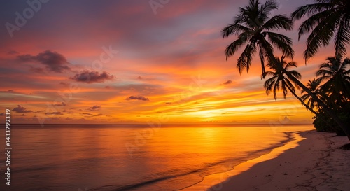 AI image showcases a breathtaking tropical beach sunset with vibrant orange sky reflecting on the calm ocean near silhouetted palm trees.