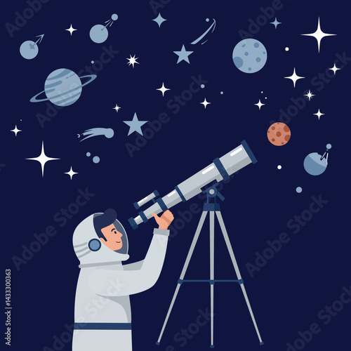 Child in astronaut suit looking through telescope at planets and stars in dark sky vector illustration 