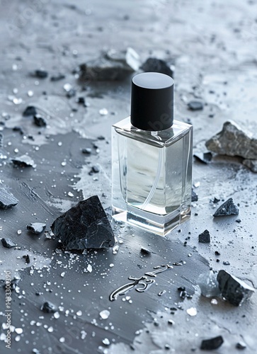 bottle of perfume stands on a grey glossy surface