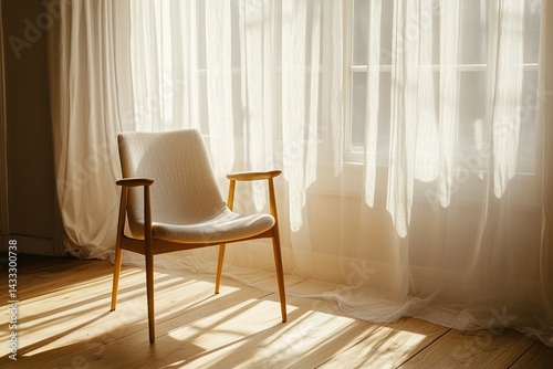 A lonely wooden chair is placed in the middle of the empty and bright room, and soft sunlight shines in through the gauze curtains, creating a warm and peaceful minimalist atmosphere.