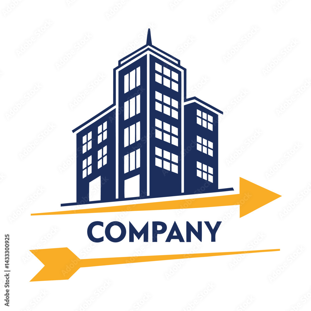 Fototapeta premium Three navy blue building icons over company text and arrows on a white background