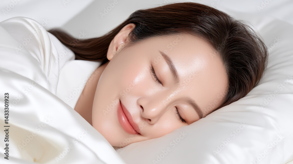 serene woman with delicate smile is peacefully sleeping on soft pillow, showcasing natural blush and luminous skin. calm atmosphere evokes sense of tranquility and relaxation