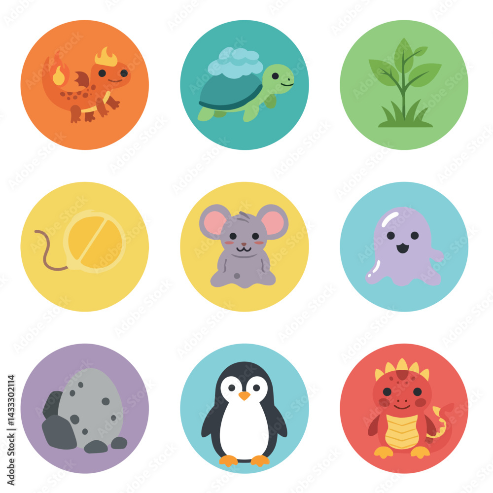 Cute animal and nature icons set with turtle, dragon, mouse, penguin, and plant illustrations in colorful circles Cute animal and nature icons set with turtle, dragon, mouse, penguin, and plant illustrations in colorful circles