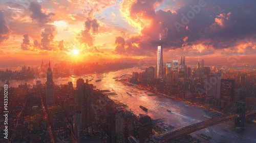 Manhattan Sunset: A breathtaking panorama of New York City skyline during a vibrant sunset, capturing the city's energy and the beauty of nature's spectacle.