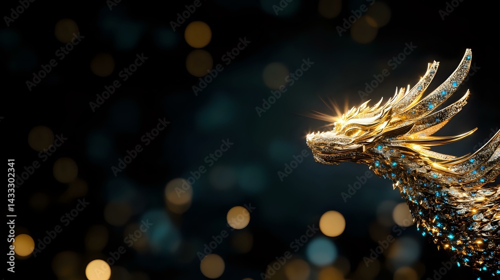 Mystical golden dragon head with intricate metallic scales emerging from darkness against blurred bokeh lights background, creating dramatic fantasy atmosphere.