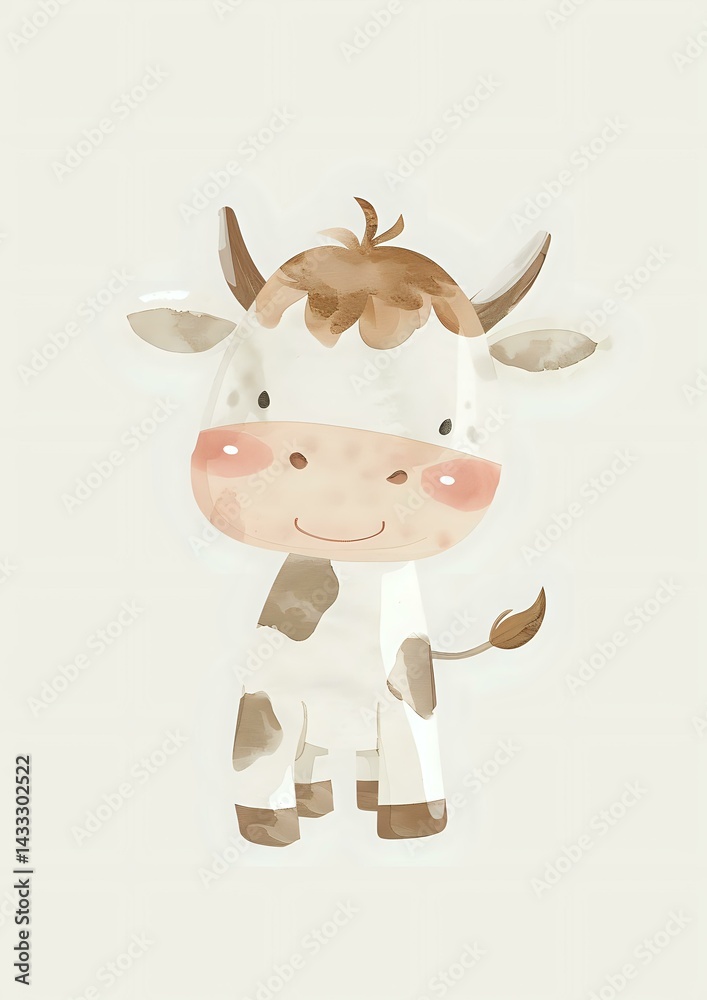 Cute watercolor cow with rosy cheeks and gentle smile on light background, isolated illustration for nursery art, children prints and baby decor.