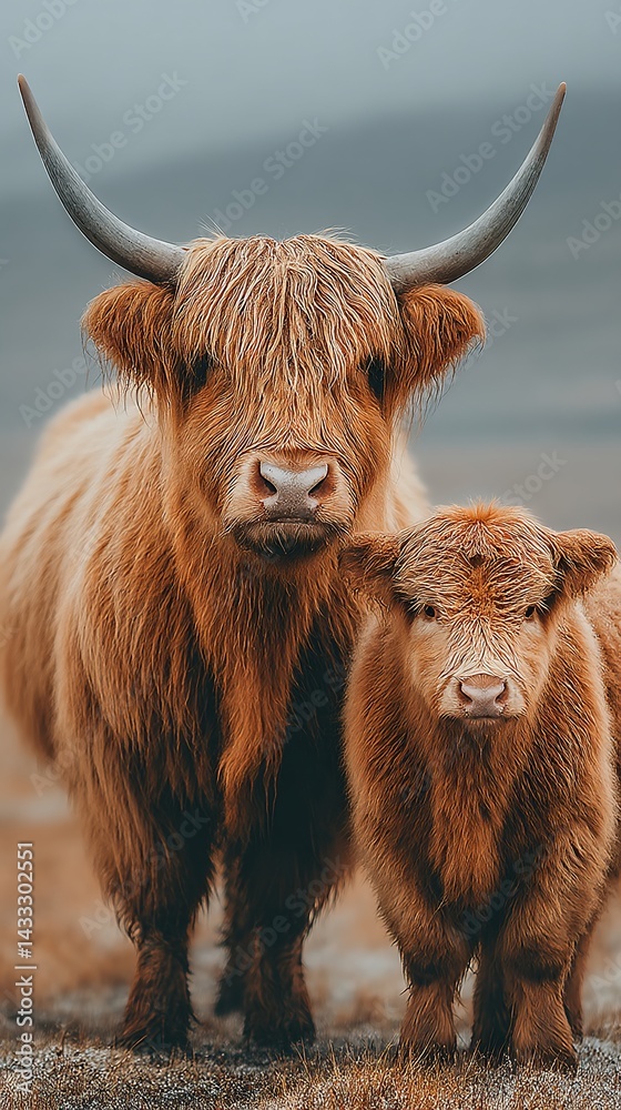 Highland cow and calf in natural setting Highland cow and calf in natural setting