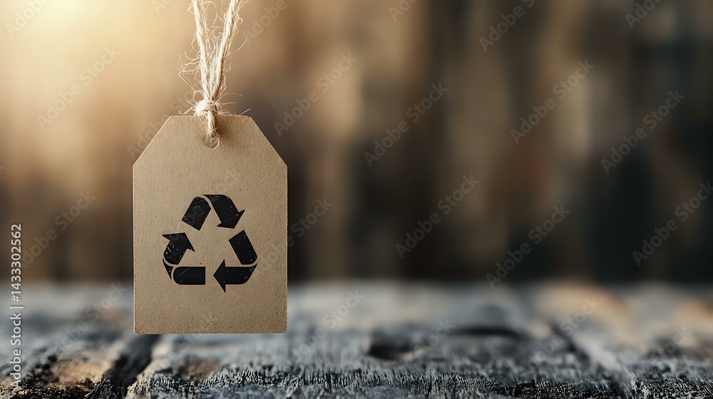 Recycling symbol on kraft paper tag with string against blurred natural background, promoting environmental awareness and sustainable lifestyle choices.