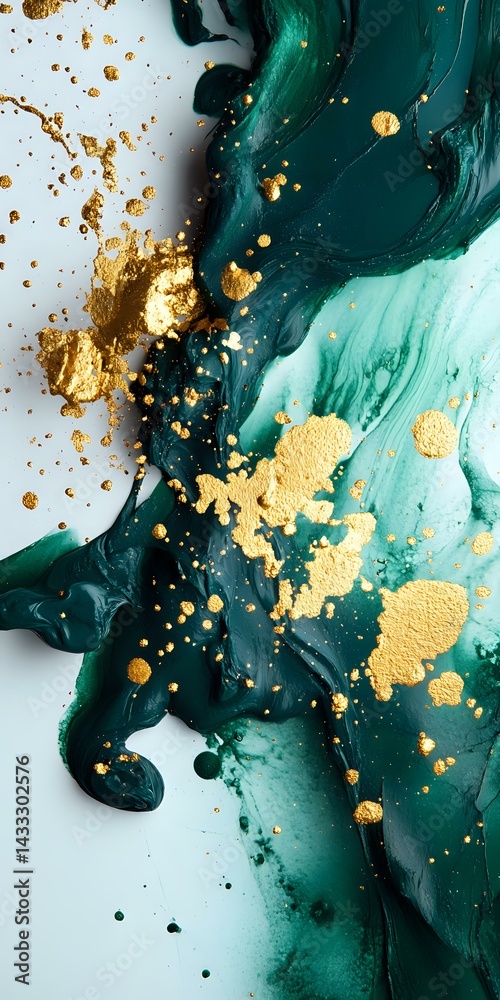 Luxurious emerald green and gold abstract fluid art background with metallic splashes and marble effect. Elegant design for modern interior decor.